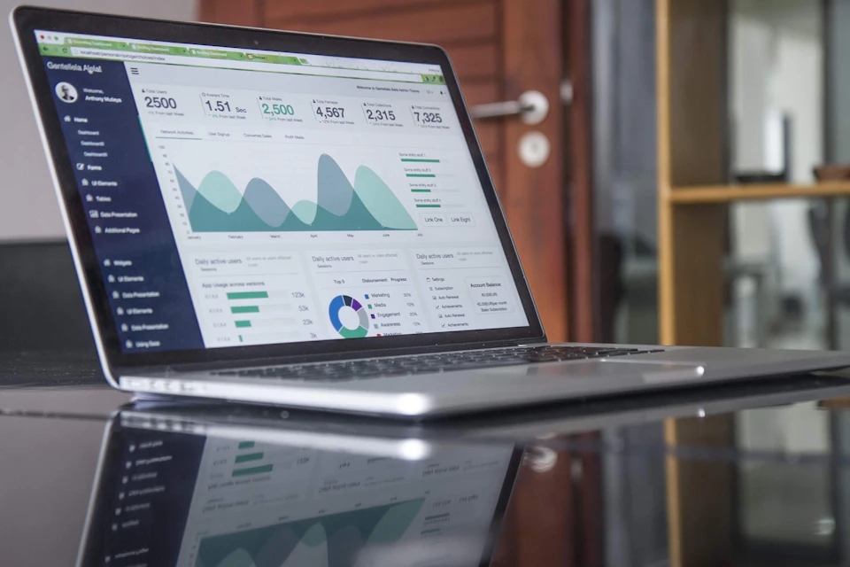 Pantalla de portátil mostrando analítica y página web